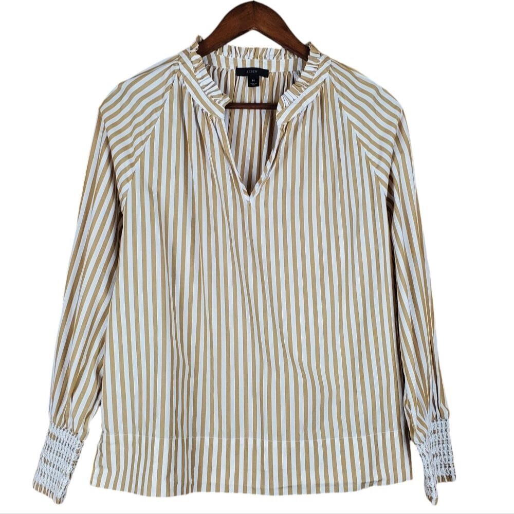 J. CREW Striped Cotton Popover Blouse Size M | Smocked Cuffs Neutral Tan White